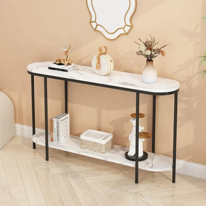 2-Tier Narrow Console Table with Storage Shelves, Black/White & Gold/White