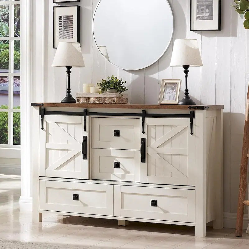 Rustic Wood Dresser with 4 Drawers & 2 Sliding Cabinets – Light/Dark Oak, Antique White, Barnwood