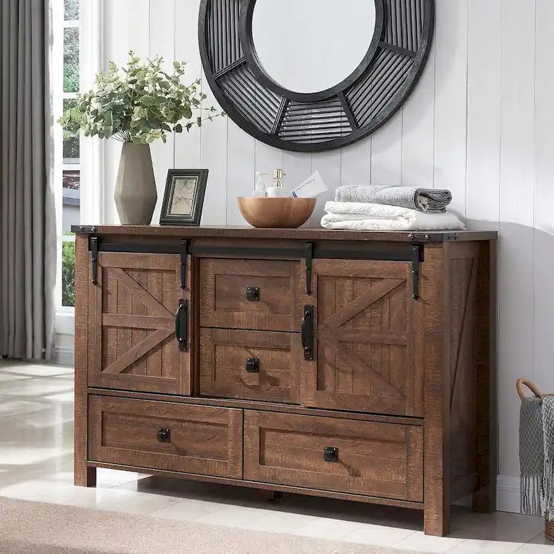 Rustic Wood Dresser with 4 Drawers & 2 Sliding Cabinets – Light/Dark Oak, Antique White, Barnwood