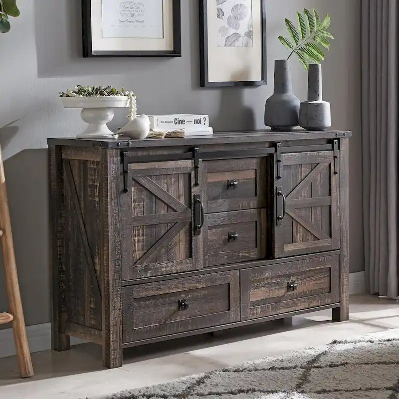 Rustic Wood Dresser with 4 Drawers & 2 Sliding Cabinets – Light/Dark Oak, Antique White, Barnwood