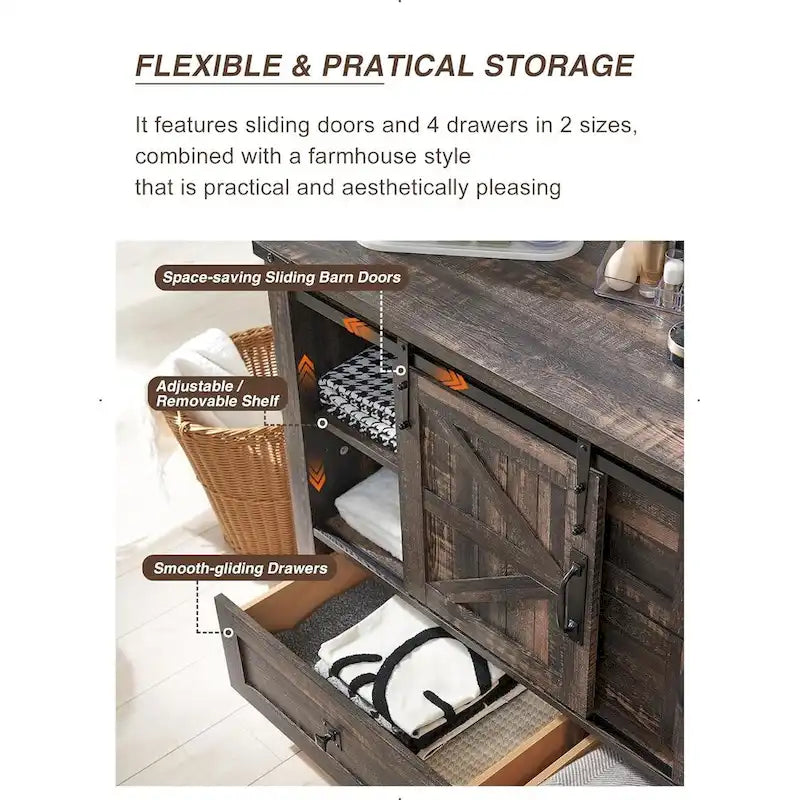 Rustic Wood Dresser with 4 Drawers & 2 Sliding Cabinets – Light/Dark Oak, Antique White, Barnwood