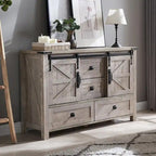 Rustic Wood Dresser with 4 Drawers & 2 Sliding Cabinets – Light/Dark Oak, Antique White, Barnwood