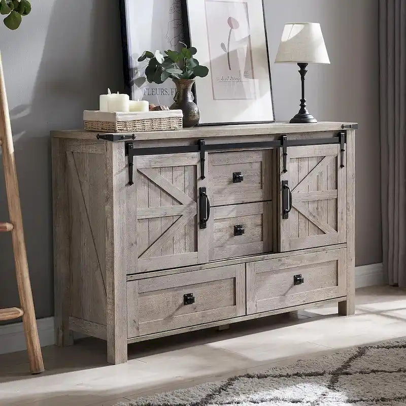 Rustic Wood Dresser with 4 Drawers & 2 Sliding Cabinets – Light/Dark Oak, Antique White, Barnwood