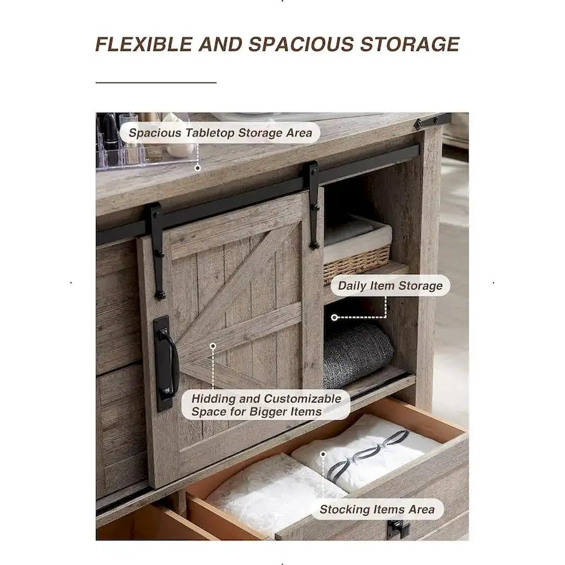 Rustic Wood Dresser with 4 Drawers & 2 Sliding Cabinets – Light/Dark Oak, Antique White, Barnwood