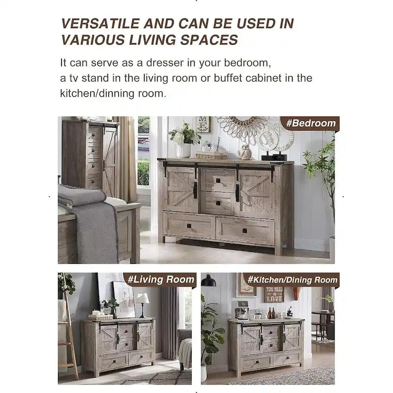 Rustic Wood Dresser with 4 Drawers & 2 Sliding Cabinets – Light/Dark Oak, Antique White, Barnwood