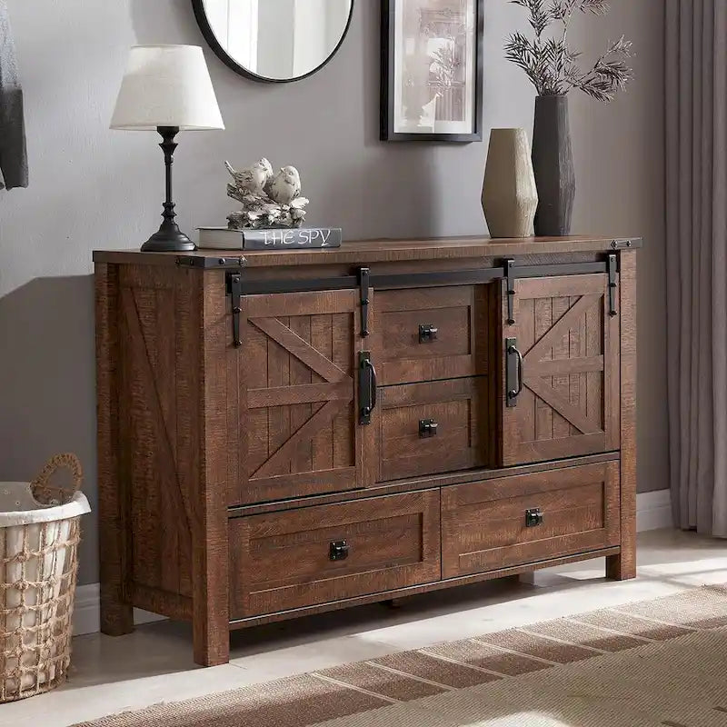 Rustic Wood Dresser with 4 Drawers & 2 Sliding Cabinets – Light/Dark Oak, Antique White, Barnwood