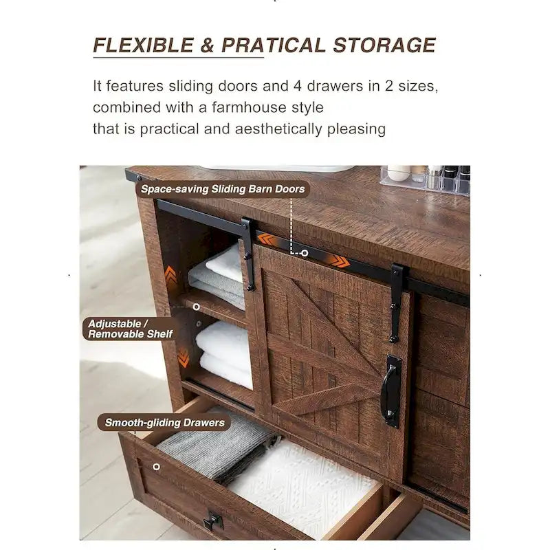 Rustic Wood Dresser with 4 Drawers & 2 Sliding Cabinets – Light/Dark Oak, Antique White, Barnwood