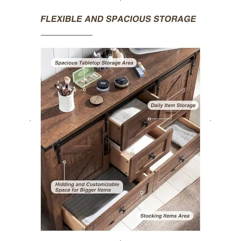 Rustic Wood Dresser with 4 Drawers & 2 Sliding Cabinets – Light/Dark Oak, Antique White, Barnwood