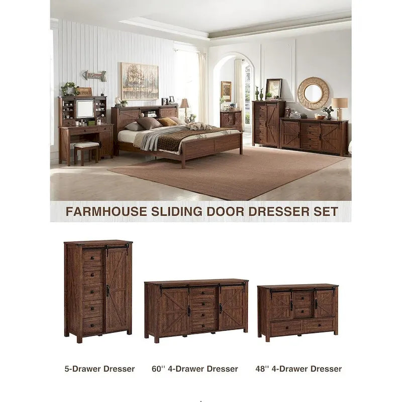 Rustic Wood Dresser with 4 Drawers & 2 Sliding Cabinets – Light/Dark Oak, Antique White, Barnwood