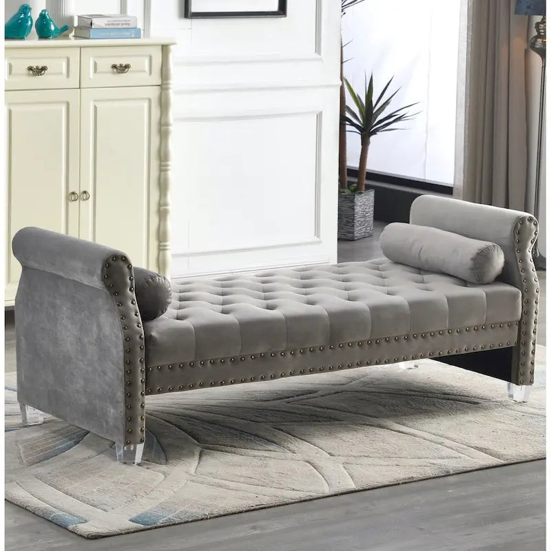 Velvet Tufted Rolled Arm Bench with Acrylic Legs – Multi-Seat, 10 Colors