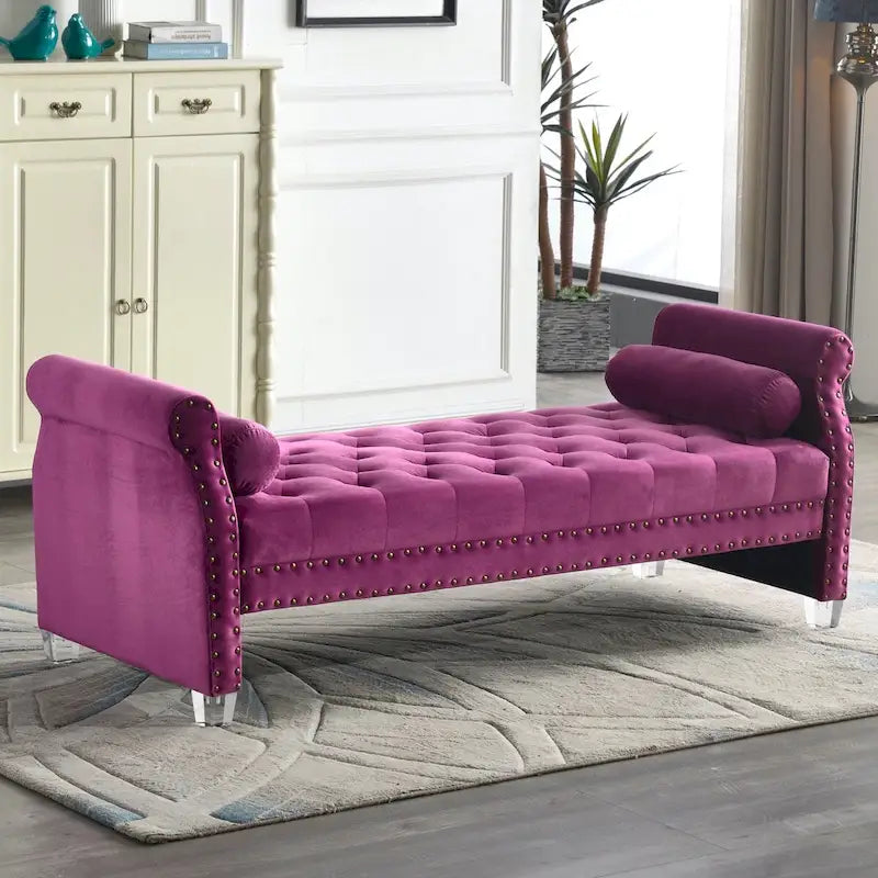 Velvet Tufted Rolled Arm Bench with Acrylic Legs – Multi-Seat, 10 Colors