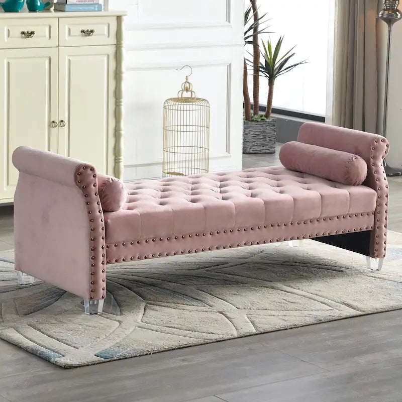 Velvet Tufted Rolled Arm Bench with Acrylic Legs – Multi-Seat, 10 Colors