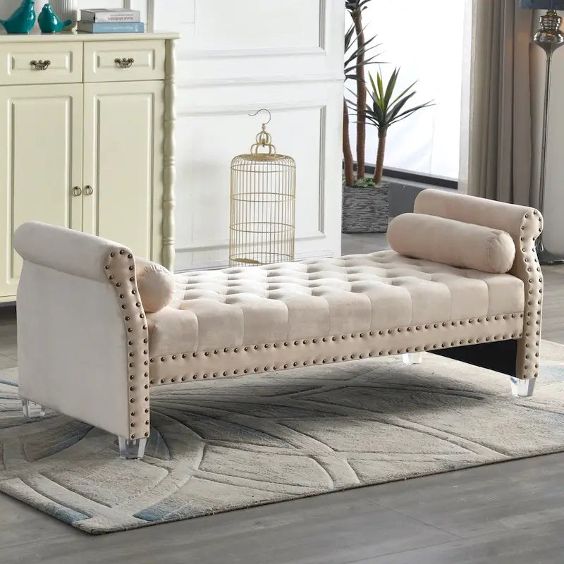 Velvet Tufted Rolled Arm Bench with Acrylic Legs – Multi-Seat, 10 Colors
