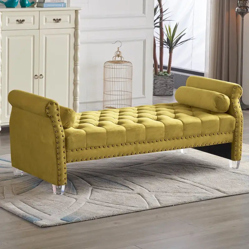 Velvet Tufted Rolled Arm Bench with Acrylic Legs – Multi-Seat, 10 Colors