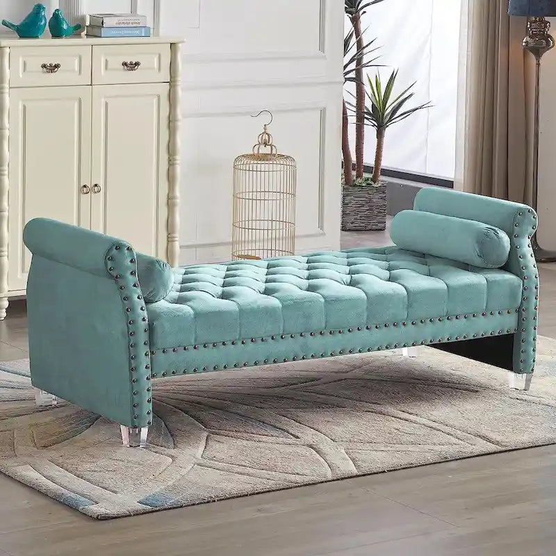 Velvet Tufted Rolled Arm Bench with Acrylic Legs – Multi-Seat, 10 Colors