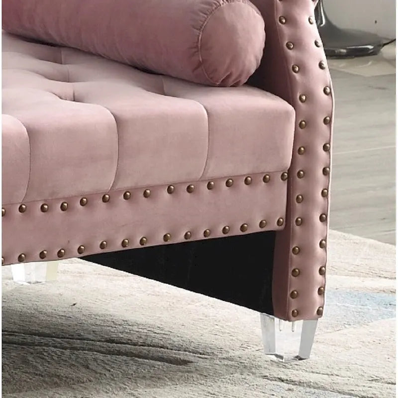 Velvet Tufted Rolled Arm Bench with Acrylic Legs – Multi-Seat, 10 Colors