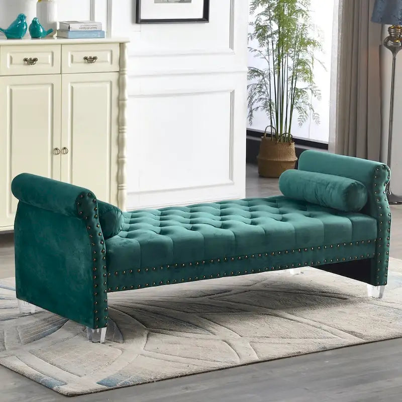 Velvet Tufted Rolled Arm Bench with Acrylic Legs – Multi-Seat, 10 Colors
