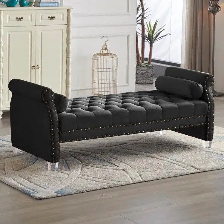 Velvet Tufted Rolled Arm Bench with Acrylic Legs – Multi-Seat, 10 Colors