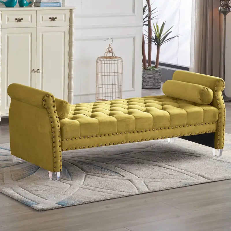 Velvet Tufted Rolled Arm Bench with Acrylic Legs – Multi-Seat, 10 Colors