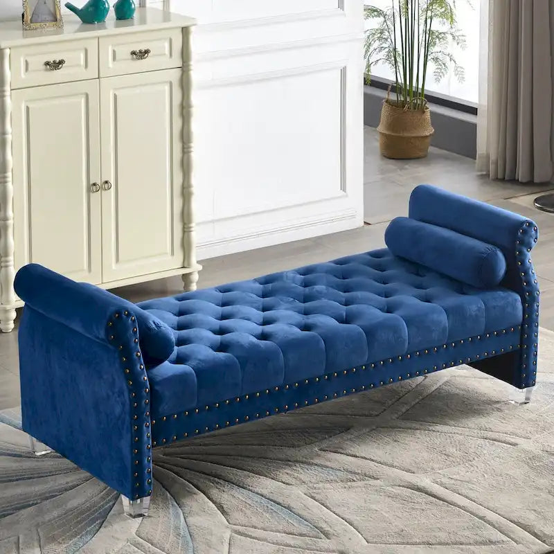 Velvet Tufted Rolled Arm Bench with Acrylic Legs – Multi-Seat, 10 Colors