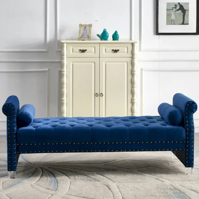 Velvet Tufted Rolled Arm Bench with Acrylic Legs – Multi-Seat, 10 Colors