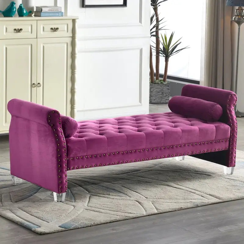 Velvet Tufted Rolled Arm Bench with Acrylic Legs – Multi-Seat, 10 Colors