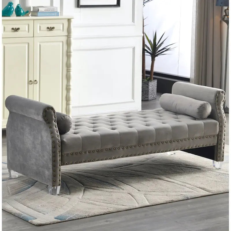 Velvet Tufted Rolled Arm Bench with Acrylic Legs – Multi-Seat, 10 Colors