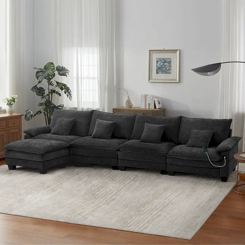 Blue / White / Grey / Black / Cream / Green L-Shaped Modular Sectional Sofa with Ottoman, Sleeper, 5-Seat