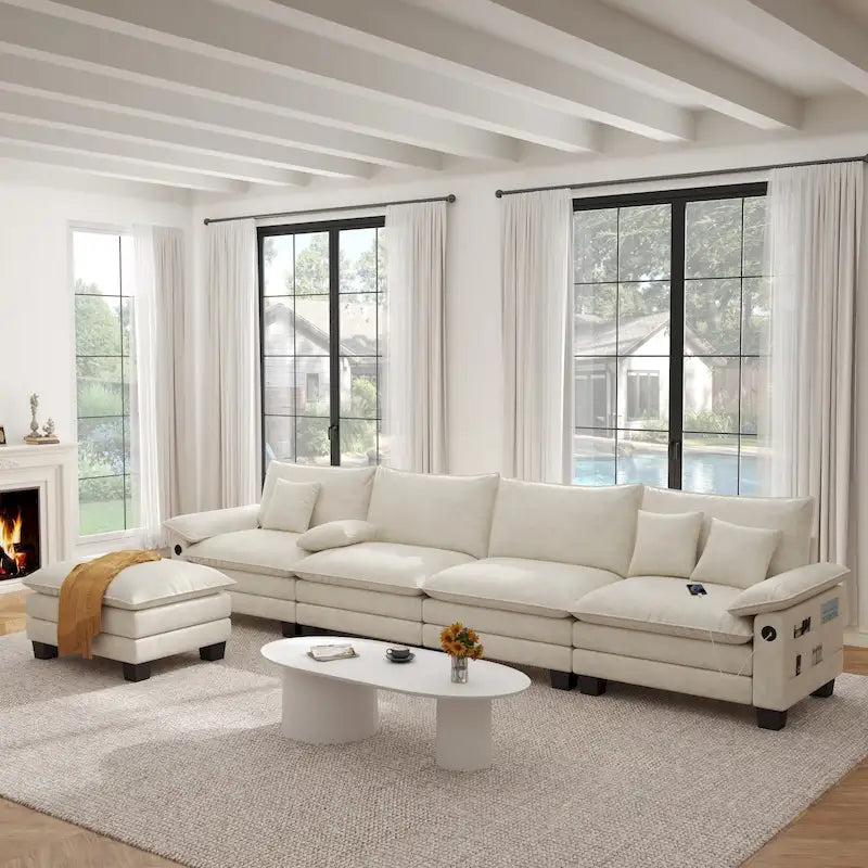 Blue / White / Grey / Black / Cream / Green L-Shaped Modular Sectional Sofa with Ottoman, Sleeper, 5-Seat