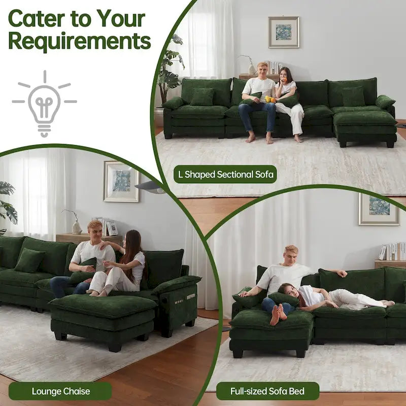 Blue / White / Grey / Black / Cream / Green L-Shaped Modular Sectional Sofa with Ottoman, Sleeper, 5-Seat
