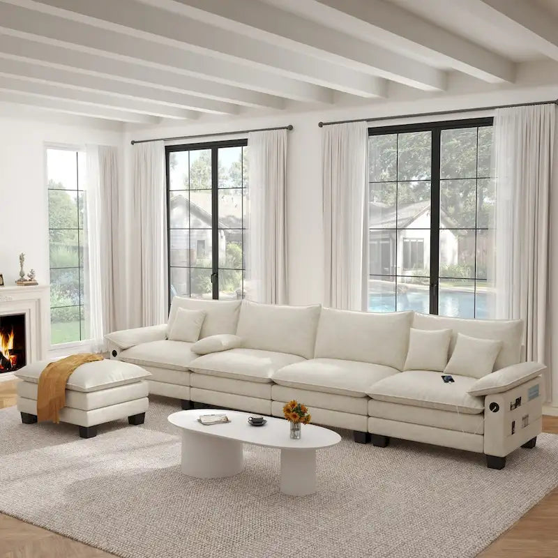 Blue / White / Grey / Black / Cream / Green L-Shaped Modular Sectional Sofa with Ottoman, Sleeper, 5-Seat