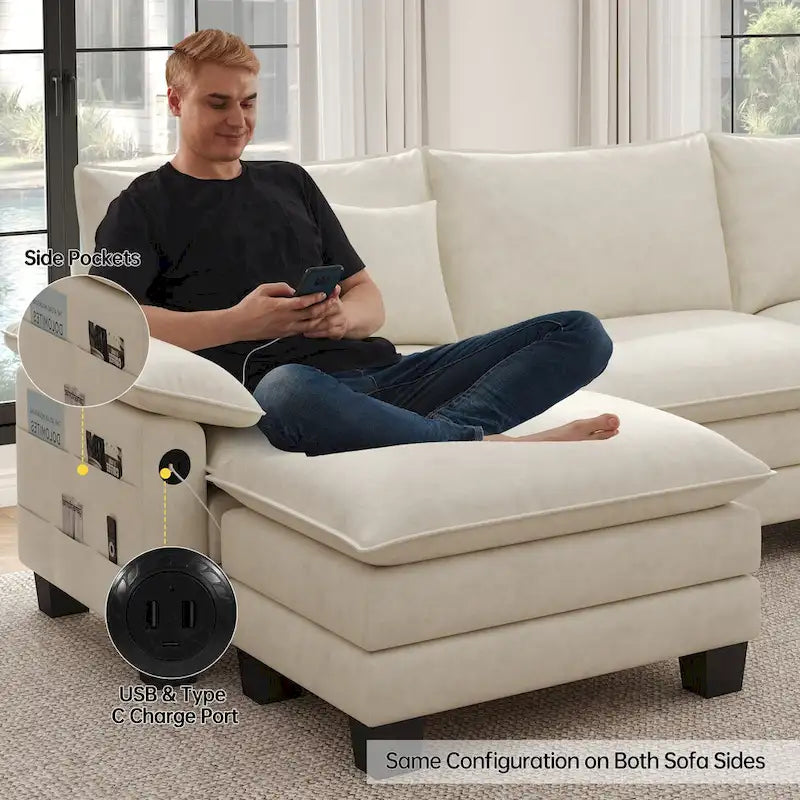 Blue / White / Grey / Black / Cream / Green L-Shaped Modular Sectional Sofa with Ottoman, Sleeper, 5-Seat