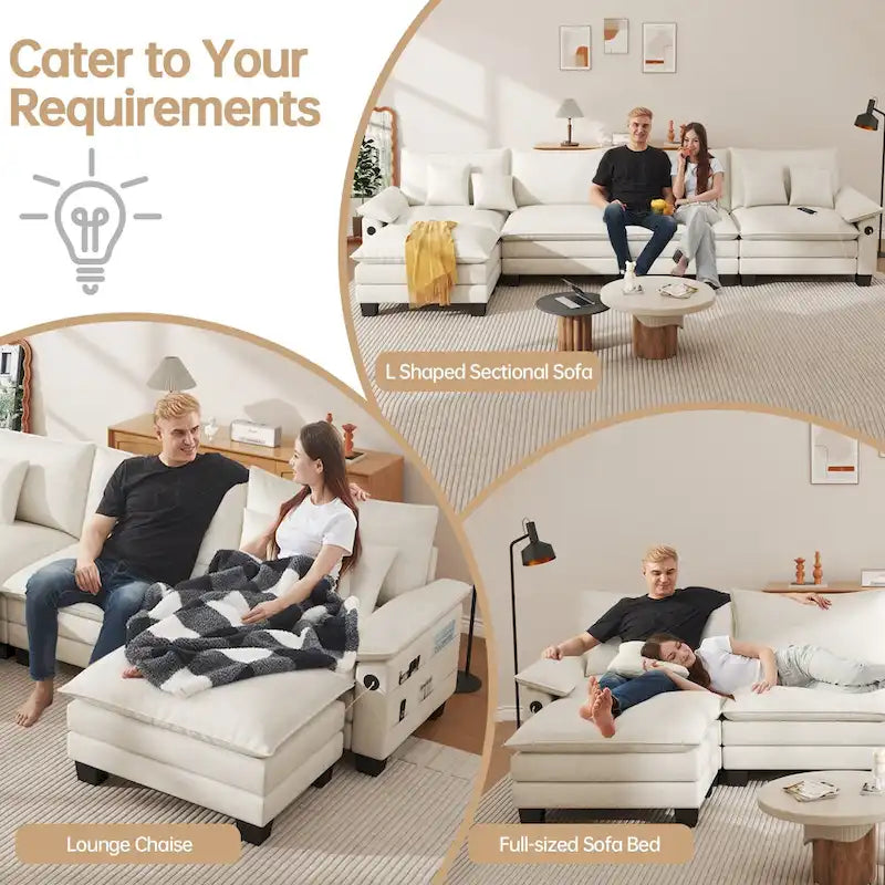 Blue / White / Grey / Black / Cream / Green L-Shaped Modular Sectional Sofa with Ottoman, Sleeper, 5-Seat