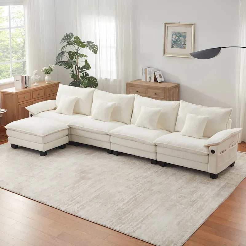 Blue / White / Grey / Black / Cream / Green L-Shaped Modular Sectional Sofa with Ottoman, Sleeper, 5-Seat