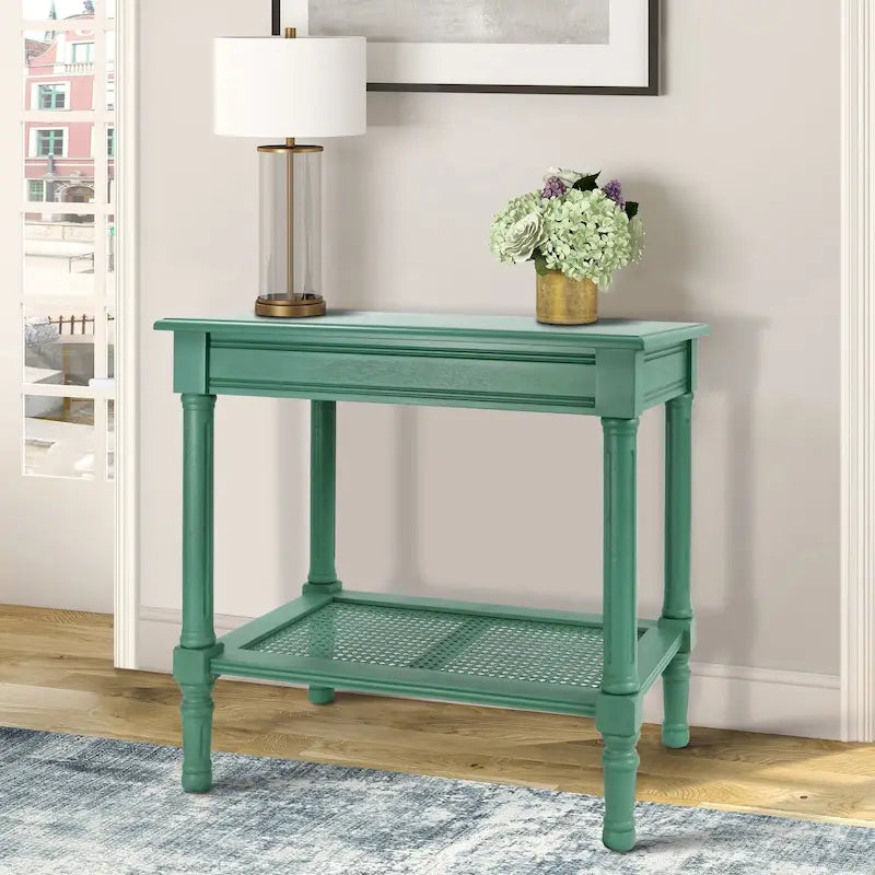 Teal / Black / Cream / Cherry / Vintage Grey / Winter Melody Wood Side Table with Rattan Shelf, 1-Person