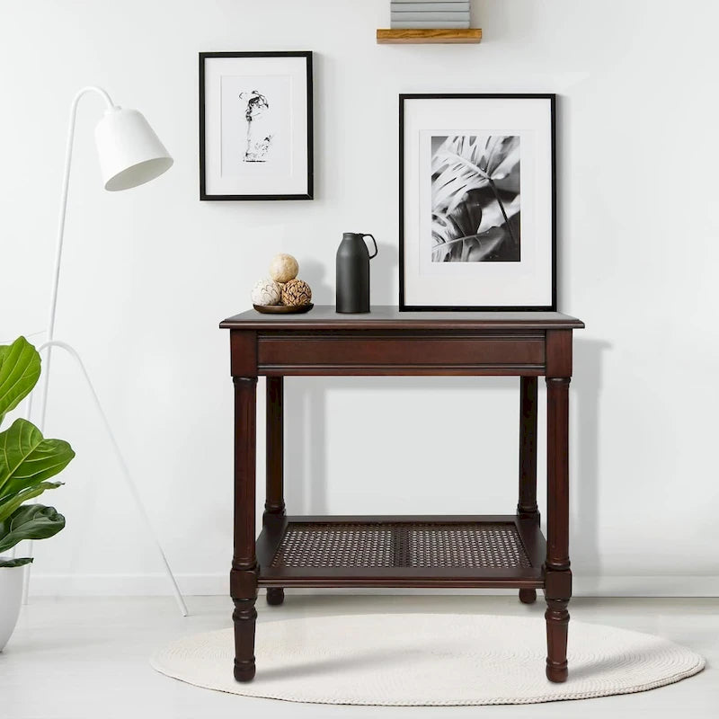 Teal / Black / Cream / Cherry / Vintage Grey / Winter Melody Wood Side Table with Rattan Shelf, 1-Person