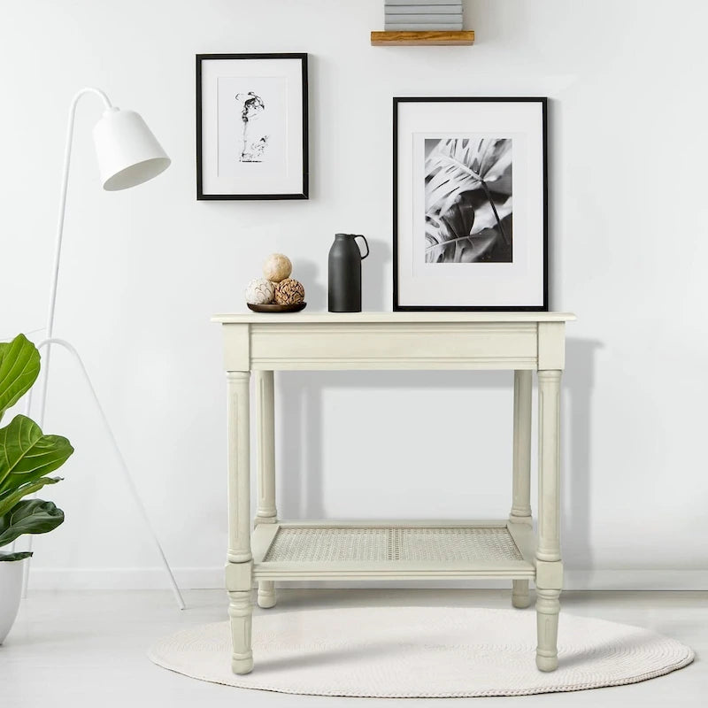 Teal / Black / Cream / Cherry / Vintage Grey / Winter Melody Wood Side Table with Rattan Shelf, 1-Person