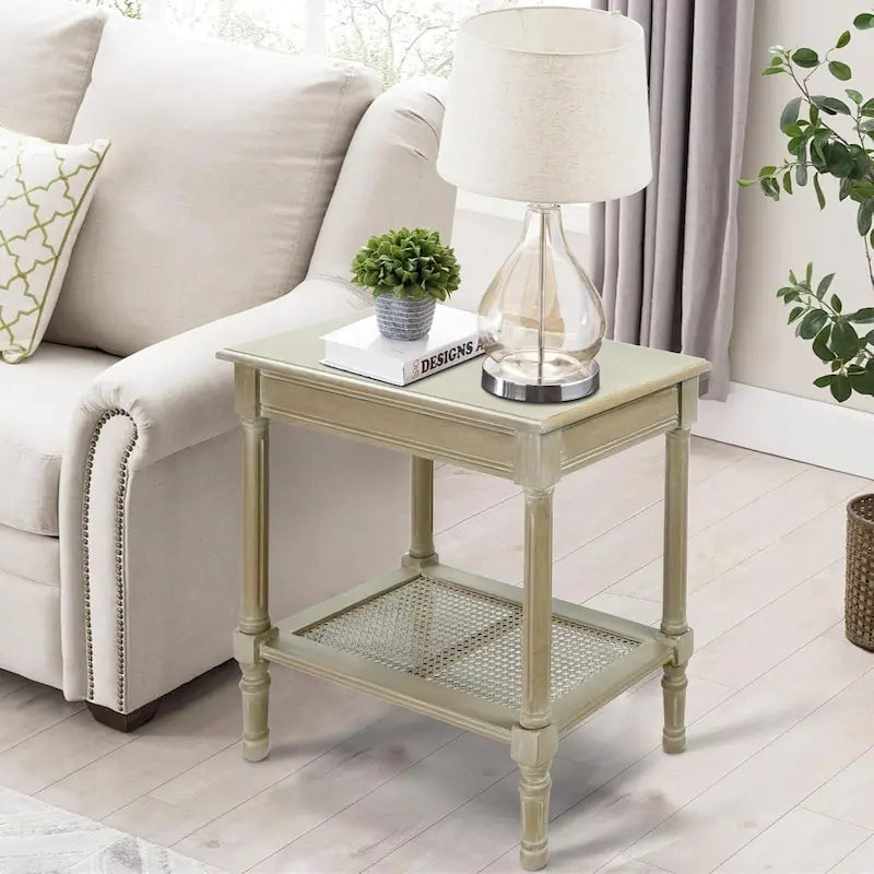 Teal / Black / Cream / Cherry / Vintage Grey / Winter Melody Wood Side Table with Rattan Shelf, 1-Person