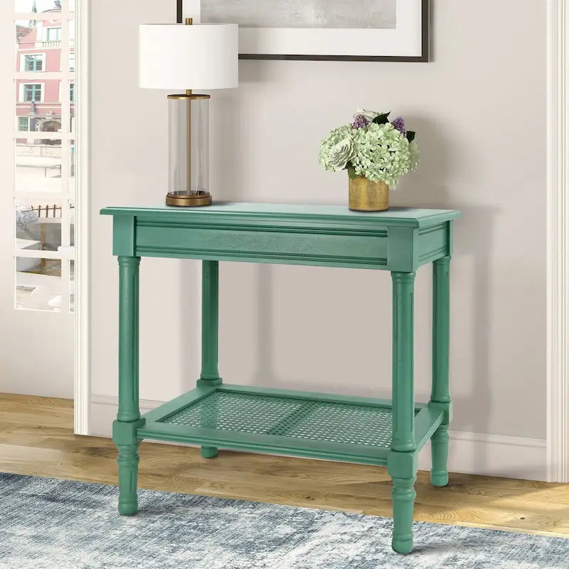 Teal / Black / Cream / Cherry / Vintage Grey / Winter Melody Wood Side Table with Rattan Shelf, 1-Person
