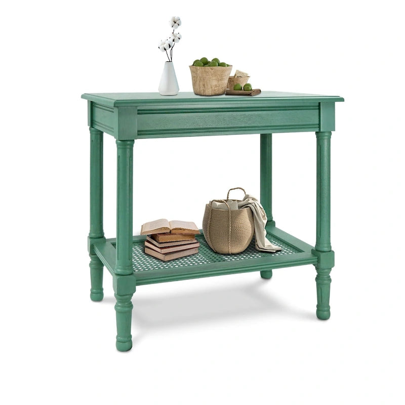 Teal / Black / Cream / Cherry / Vintage Grey / Winter Melody Wood Side Table with Rattan Shelf, 1-Person