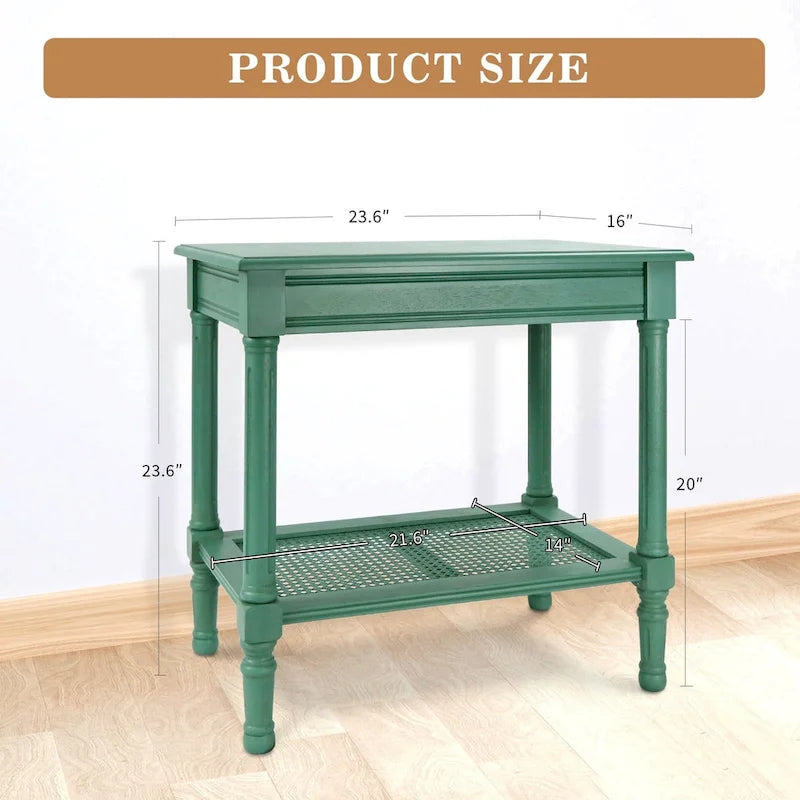 Teal / Black / Cream / Cherry / Vintage Grey / Winter Melody Wood Side Table with Rattan Shelf, 1-Person