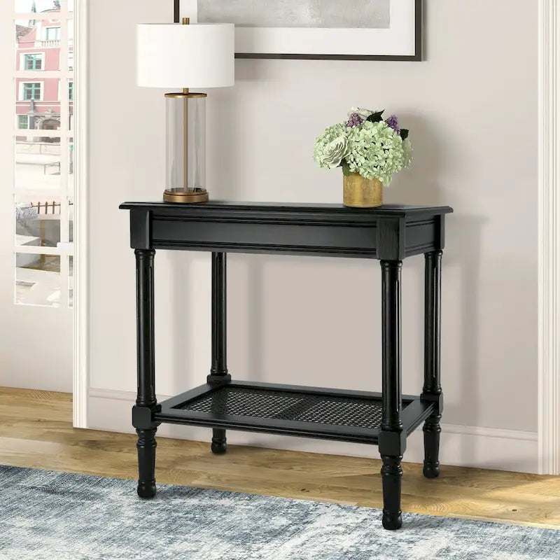 Teal / Black / Cream / Cherry / Vintage Grey / Winter Melody Wood Side Table with Rattan Shelf, 1-Person