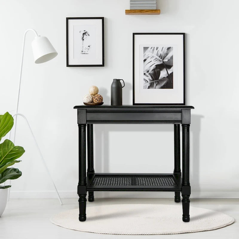 Teal / Black / Cream / Cherry / Vintage Grey / Winter Melody Wood Side Table with Rattan Shelf, 1-Person