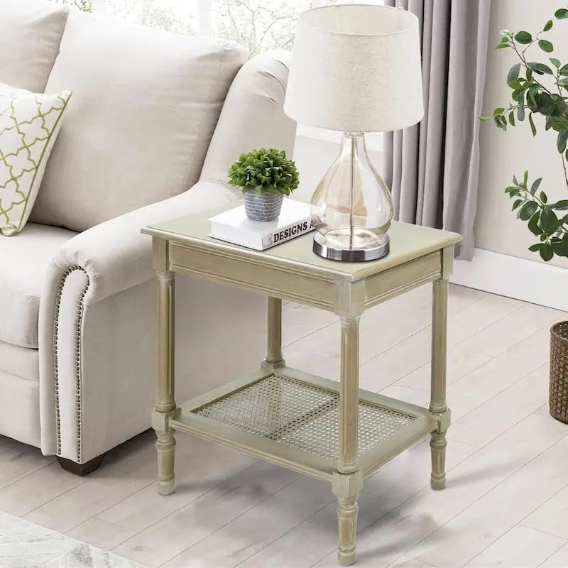 Teal / Black / Cream / Cherry / Vintage Grey / Winter Melody Wood Side Table with Rattan Shelf, 1-Person
