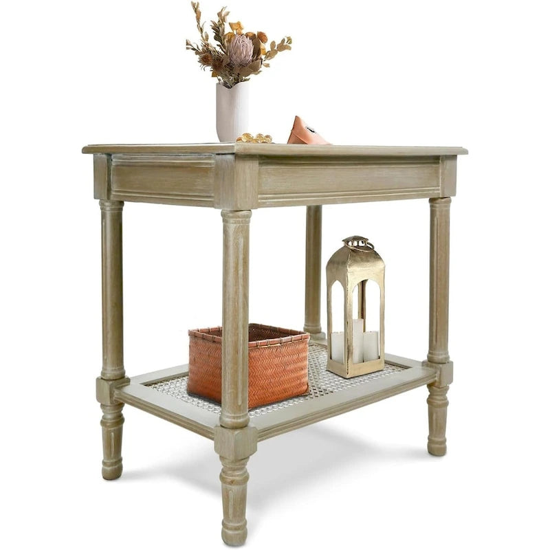 Teal / Black / Cream / Cherry / Vintage Grey / Winter Melody Wood Side Table with Rattan Shelf, 1-Person