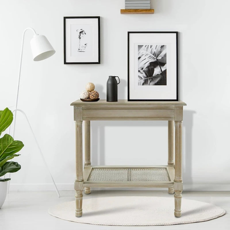 Teal / Black / Cream / Cherry / Vintage Grey / Winter Melody Wood Side Table with Rattan Shelf, 1-Person
