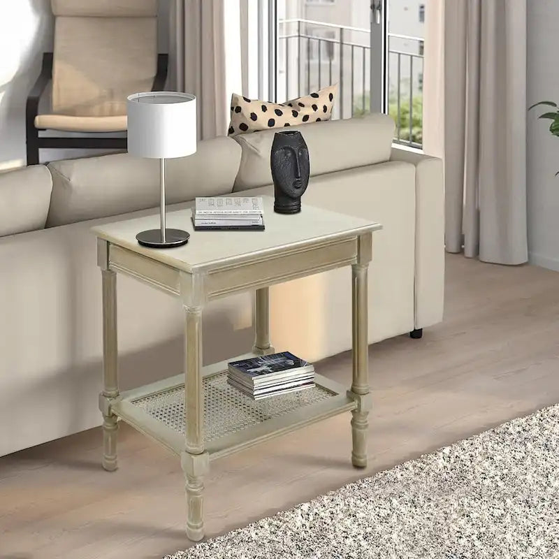 Teal / Black / Cream / Cherry / Vintage Grey / Winter Melody Wood Side Table with Rattan Shelf, 1-Person