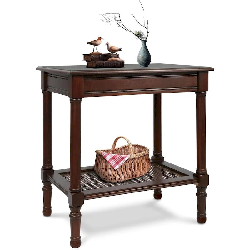 Teal / Black / Cream / Cherry / Vintage Grey / Winter Melody Wood Side Table with Rattan Shelf, 1-Person