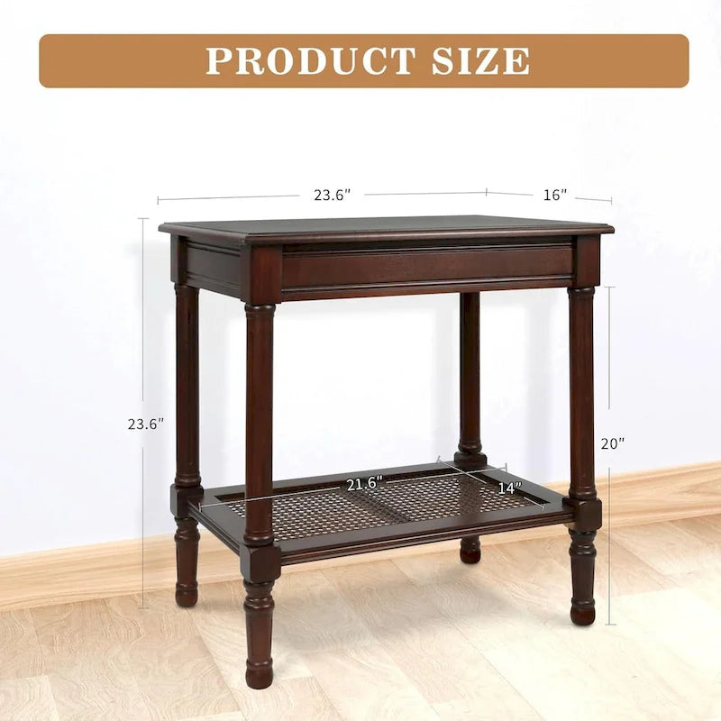 Teal / Black / Cream / Cherry / Vintage Grey / Winter Melody Wood Side Table with Rattan Shelf, 1-Person