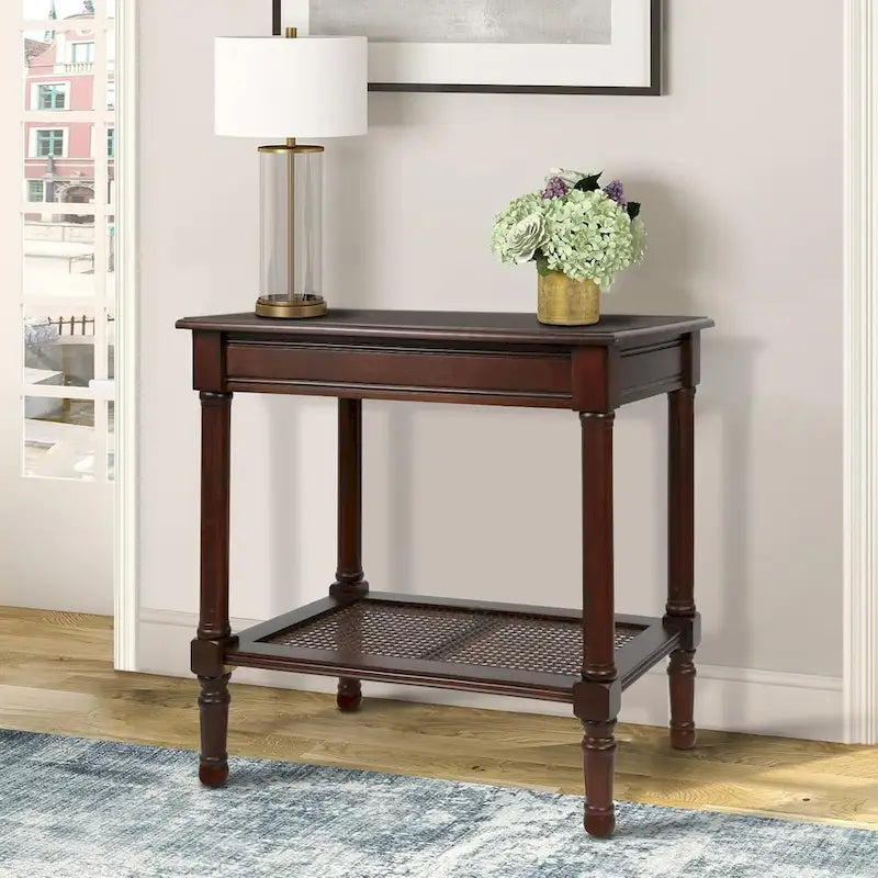 Teal / Black / Cream / Cherry / Vintage Grey / Winter Melody Wood Side Table with Rattan Shelf, 1-Person